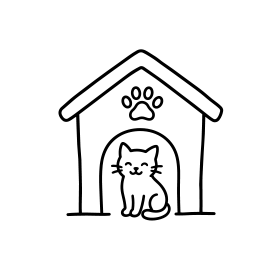 black line doodle icon of a happy cat inside a house